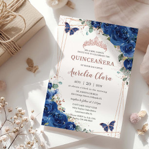 Invitation Royal Blue Floral Rose Gold Quinceañera Anniversai