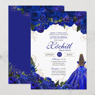 Invitation Royal Blue Floral Roses élégant Quinceañera