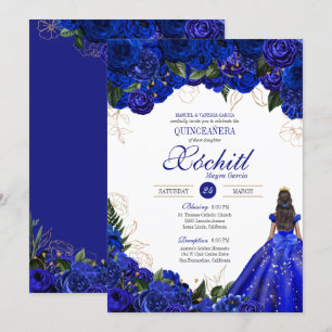 Invitation Royal Blue Floral Roses Élégant Quinceañera Party