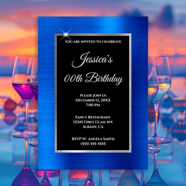 Invitation Royal Blue Foil argent et noir anniversaire (Royal Blue Foil Any Year Invite)
