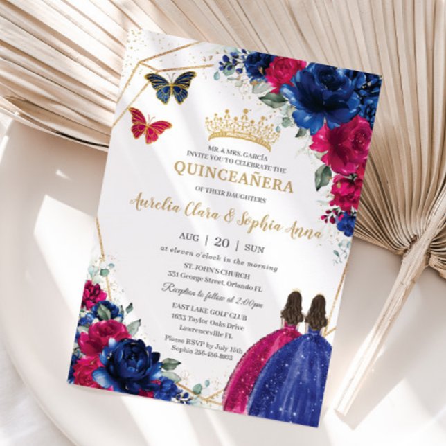 Invitation Royal Blue Fuchsia rose Floral Twins Quinceañera (vibrant-royal-blue-fuchsia-hot-pink-floral-flowers-twins-princess-dresses-Quinceañera-invitations)