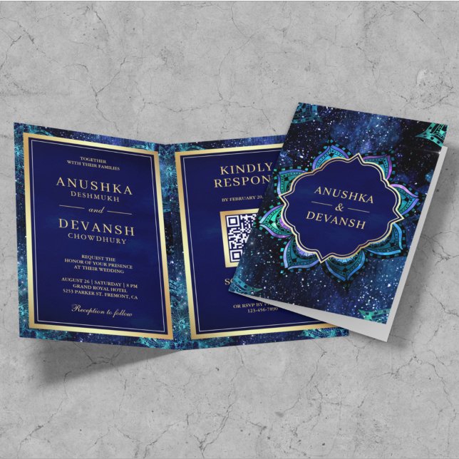 Invitation Royal Blue Galaxy Mandala QR Code Mariage indien (Créateur téléchargé)