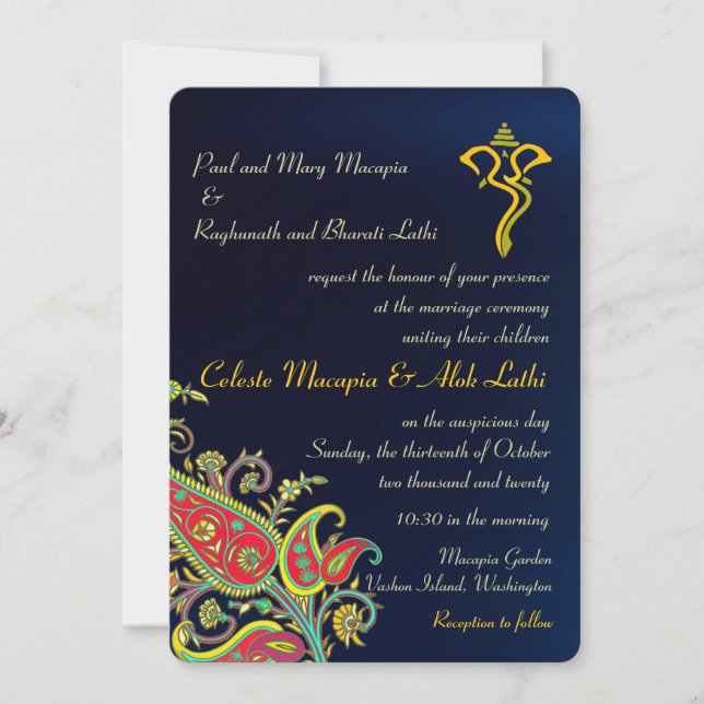 Invitation Royal Blue Ganesh Floral Paisley Mariage hindou (Devant)