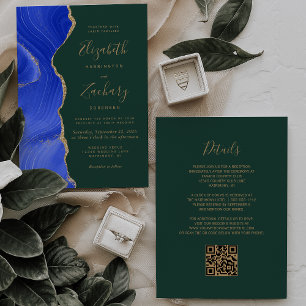 Invitation Royal Blue Gold Agate Emerald QR Code Mariage