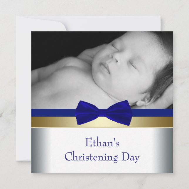 Invitation Royal Blue Gold Baby Boy Photo Christening (Devant)