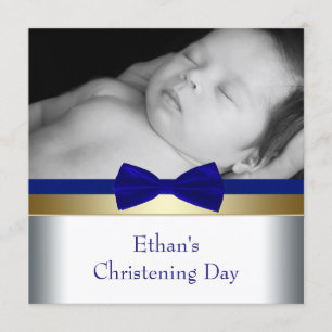 Invitation Royal Blue Gold Baby Boy Photo Christening