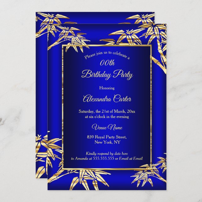 Invitation Royal Blue Gold Bamboo photo Anniversaire (Devant / Derrière)
