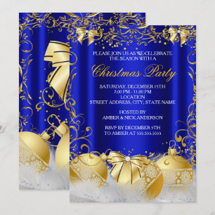 Invitation Royal Blue Gold Bow Bauble White Christmas Party