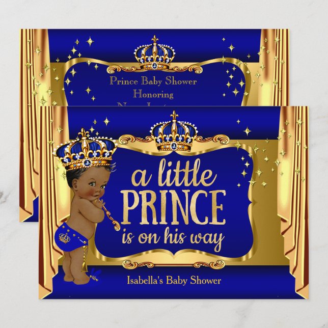 Invitation Royal Blue Gold Boy Prince Baby shower Ethnic (Devant / Derrière)
