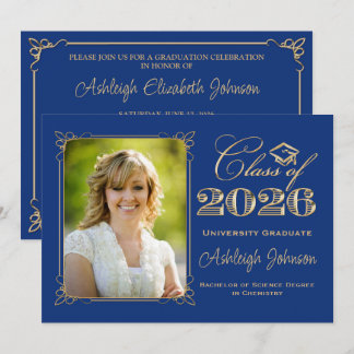 Invitation Royal Blue, Gold Class of 2026 Photo Graduation