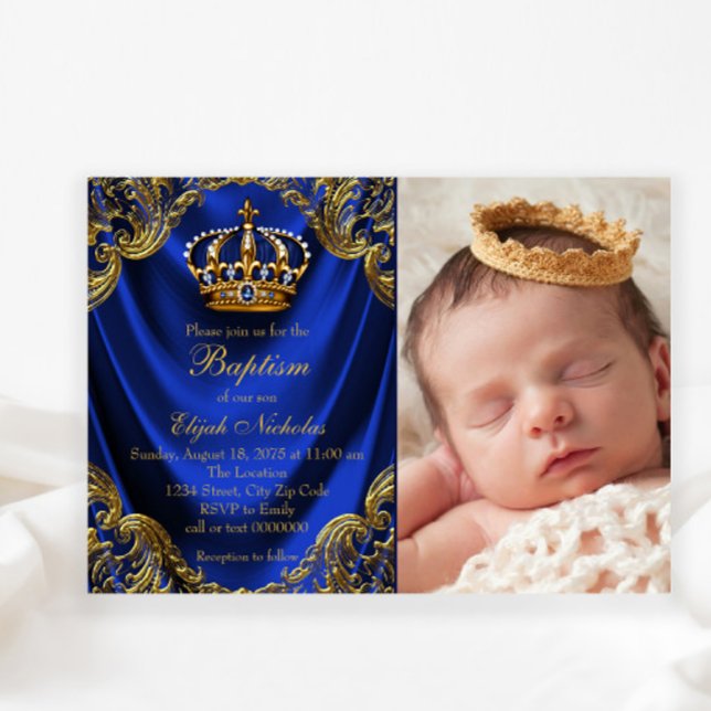 Invitation Royal Blue Gold Crown Petit Prince Baptême (Créateur téléchargé)