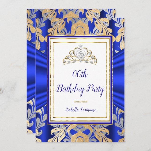 Invitation ROYAL Blue Gold Damask gris Tiara fête d'anniversa (Devant / Derrière)