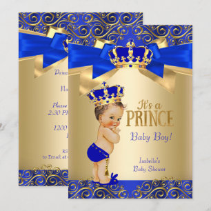 Invitation Royal Blue Gold Damask Prince Baby shower Brunette