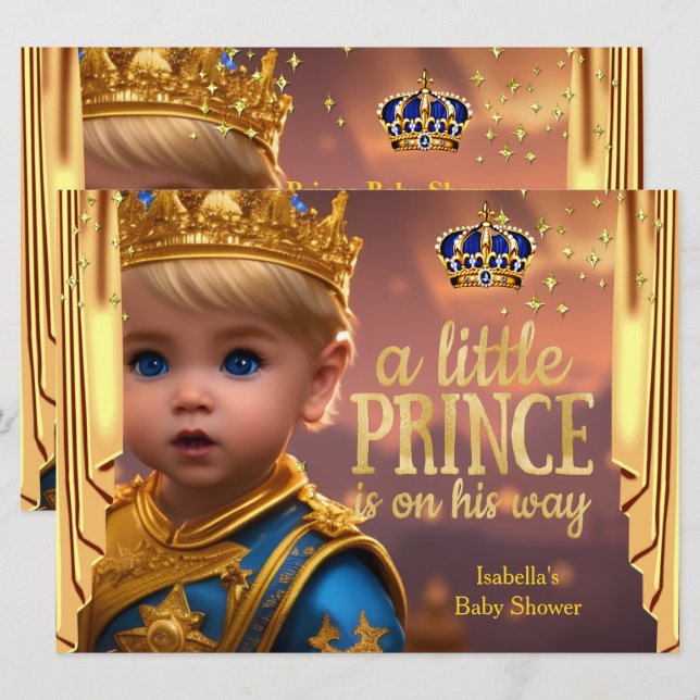 Invitation Royal Blue Gold Drapes Prince Baby shower Blonde (Devant / Derrière)