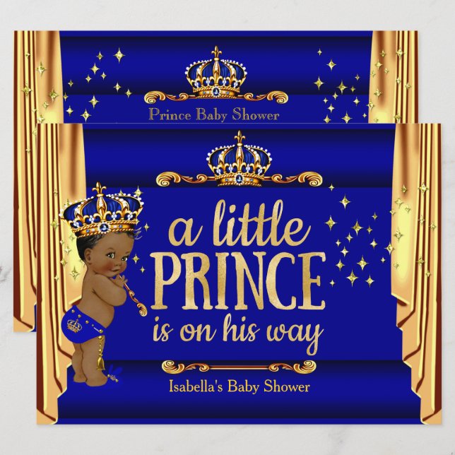 Invitation Royal Blue Gold Drapes Prince Baby shower Ethnic L (Devant / Derrière)