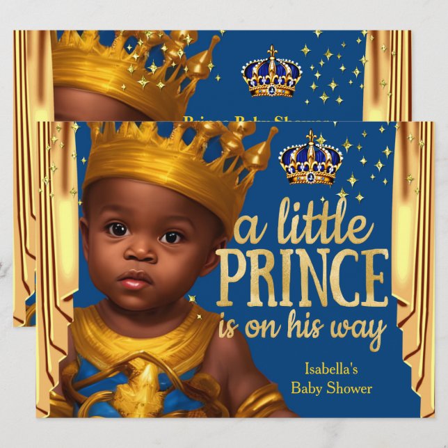 Invitation Royal Blue Gold Drapes Prince Baby shower Ethnique (Devant / Derrière)