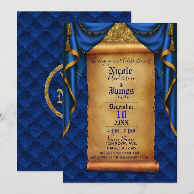 Invitation Royal Blue & Gold Draps Scroll (Devant / Derrière)