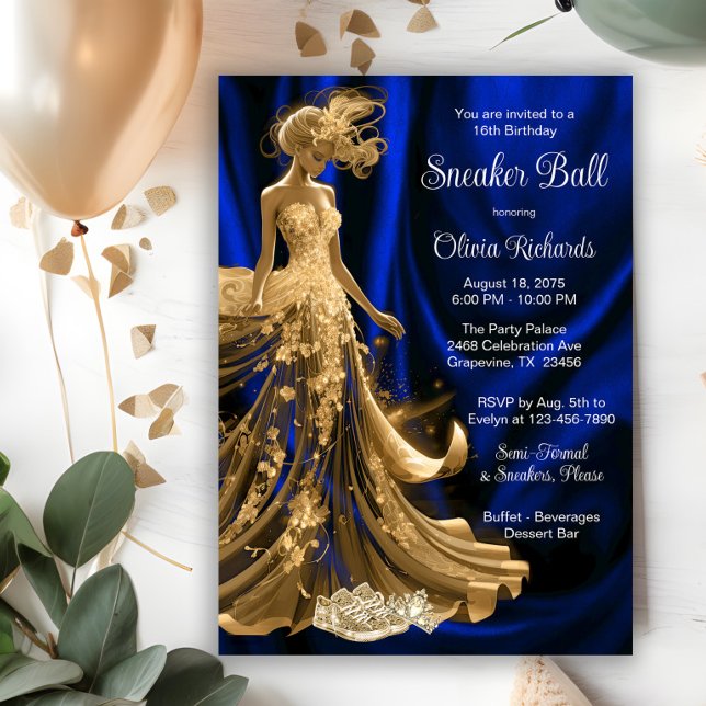 Invitation Royal Blue Gold Elegant Basket Ball (Elegant royal blue gold sneaker ball invitation. All text, font and wording can be changed.)