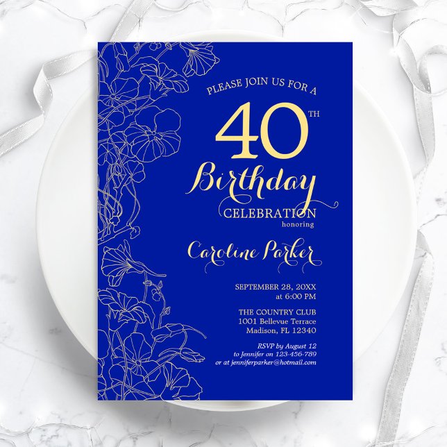 Invitation Royal Blue Gold Floral 40e fête d'anniversaire (Créateur téléchargé)