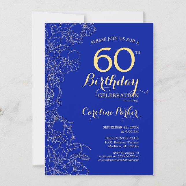 Invitation Royal Blue Gold Floral 60e anniversaire (Devant)