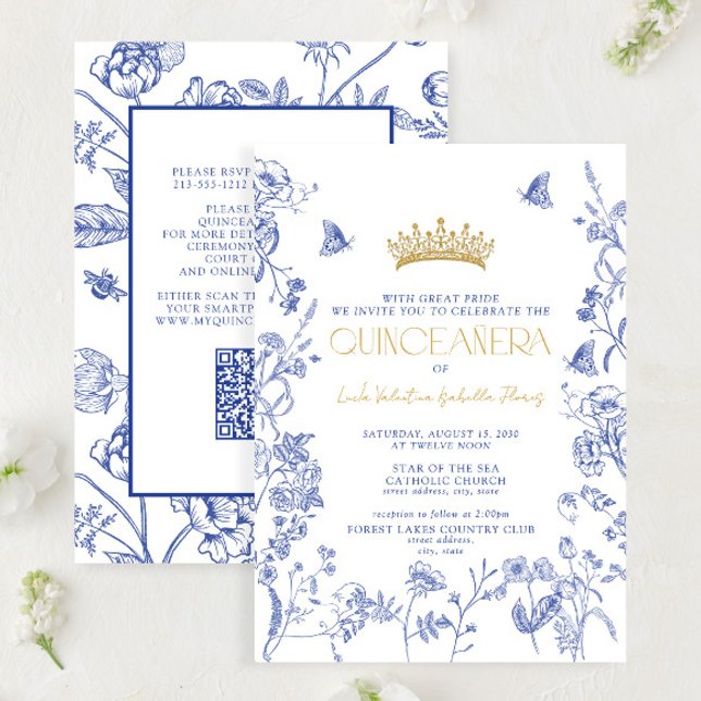 Invitation Royal Blue Gold Floral Butterfly QR Quinceañera (Créateur téléchargé)