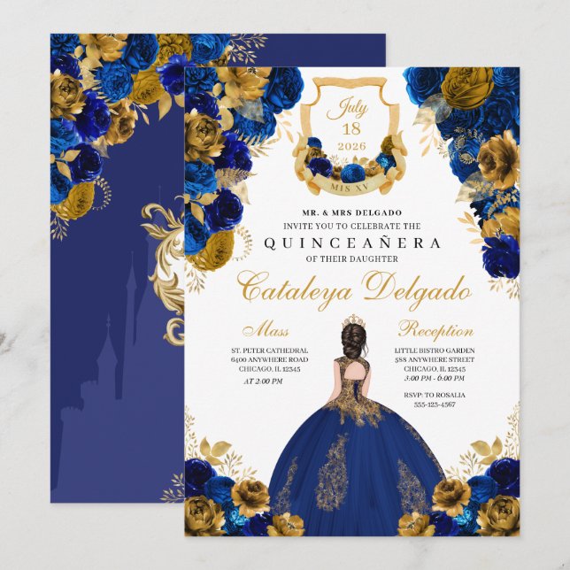 Invitation Royal Blue & Gold Floral Elegant Quinceañera (Devant / Derrière)