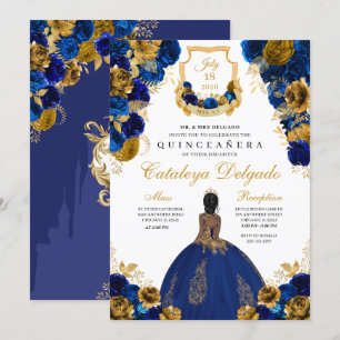 Invitation Royal Blue & Gold Floral Elegant Quinceañera