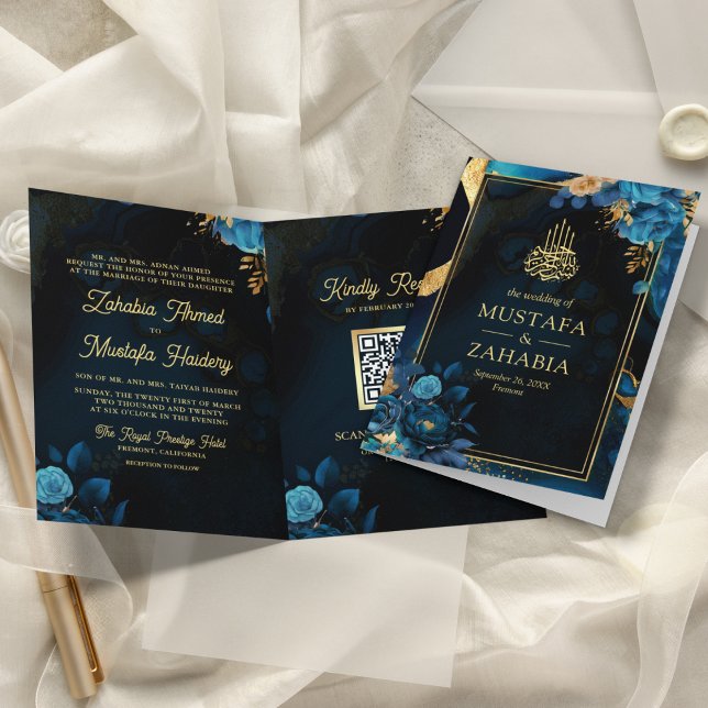 Invitation Royal Blue Gold Floral QR Code Mariage musulman (Créateur téléchargé)