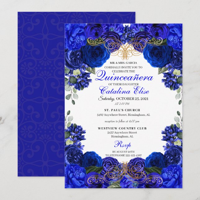 Invitation Royal Blue & Gold Floral Quinceanera Anniversaire (Devant / Derrière)