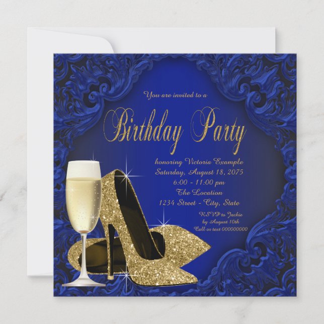 Invitation Royal Blue Gold High Heure Champagne Anniversaire (Devant)