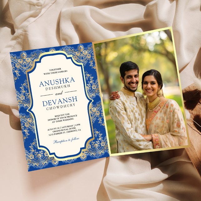Invitation Royal Blue Gold Lace QR Code Photo Mariage indien (Créateur téléchargé)