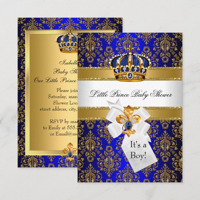 Invitation Royal Blue Gold Little Prince Crown Baby shower (Devant / Derrière)