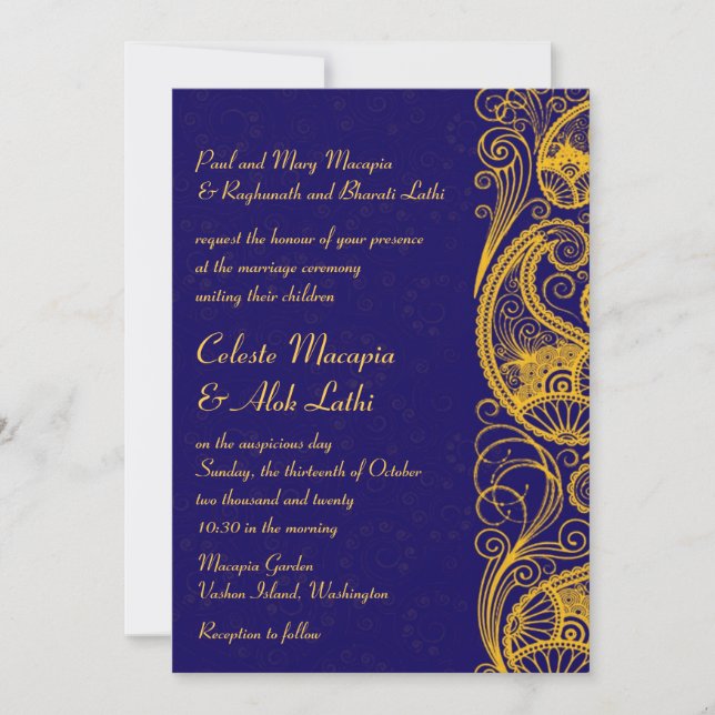 Invitation Royal Blue Gold Paisley Mariage indien hindou (Devant)