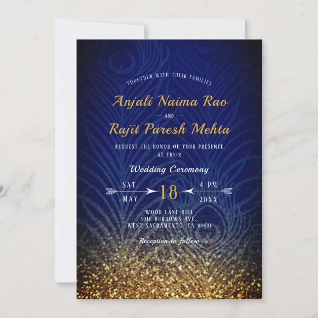 Invitation Royal Blue & Gold Peacock Mariage indien (Devant)