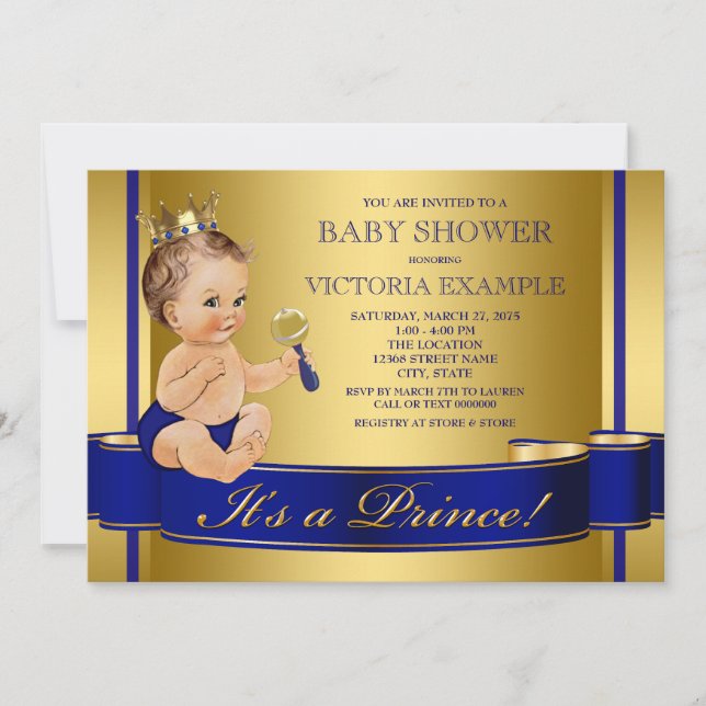 Invitation Royal Blue Gold Prince Baby shower (Devant)