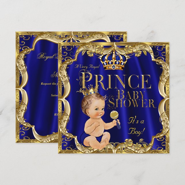 Invitation Royal Blue Gold Prince Baby shower Brunette (Devant / Derrière)