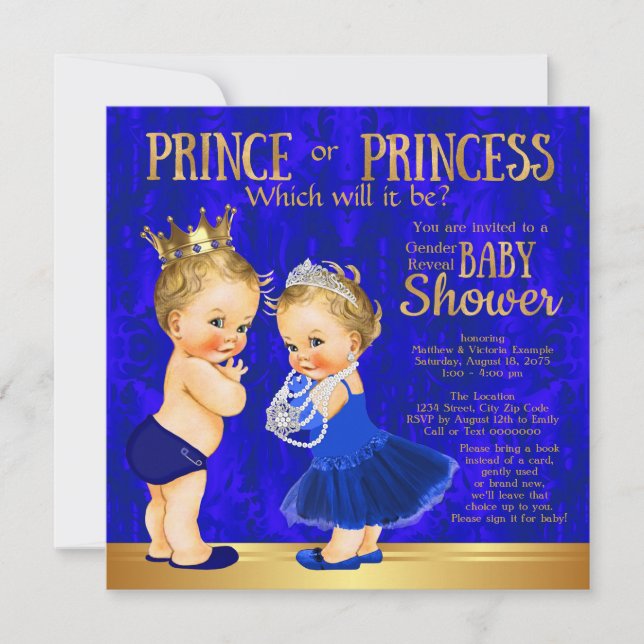 Invitation Royal Blue Gold Prince ou Princesse Révélation de  (Devant)