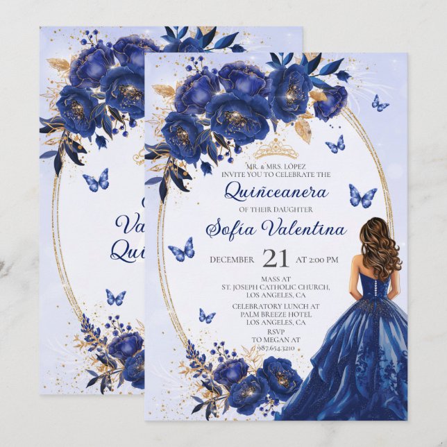 Invitation Royal Blue & Gold Quinceañera (Devant / Derrière)