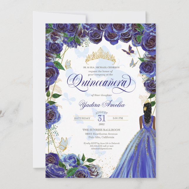 Invitation Royal Blue Gold Rose Élégant papillon Quinceanera (Devant)