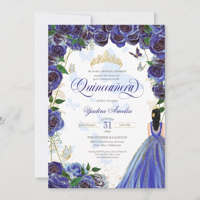 Invitation Royal Blue Gold Rose Élégant papillon Quinceanera (Devant)