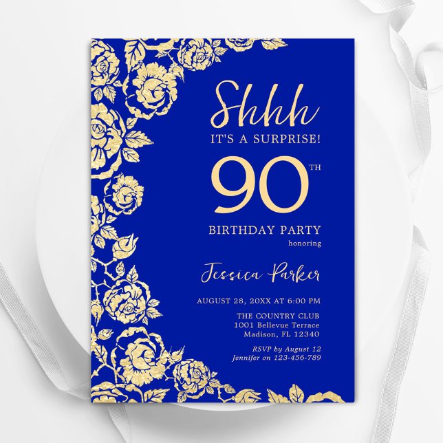 Invitation Royal Blue Gold Roses Surprise 90e anniversaire (Créateur téléchargé)
