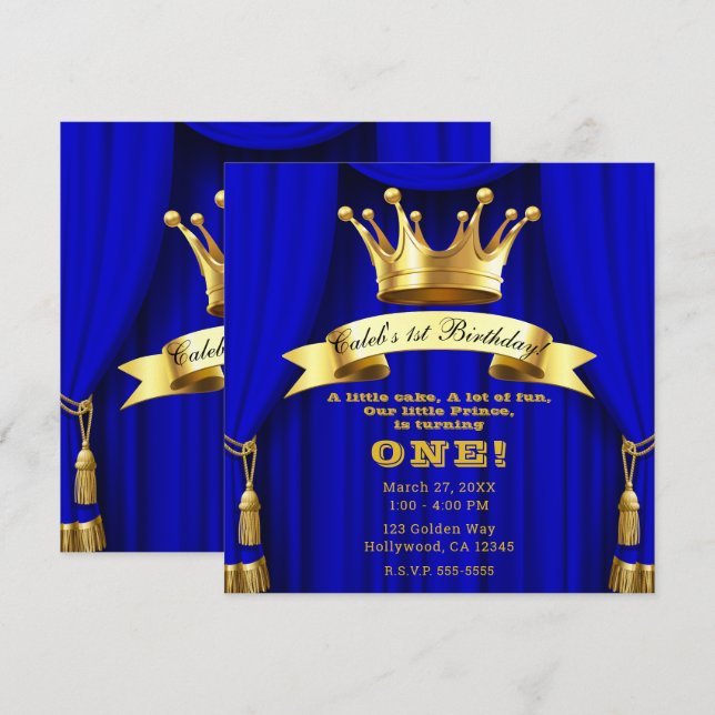 Invitation Royal Blue Gold Royal Crown Prince 1er anniversair (Devant / Derrière)