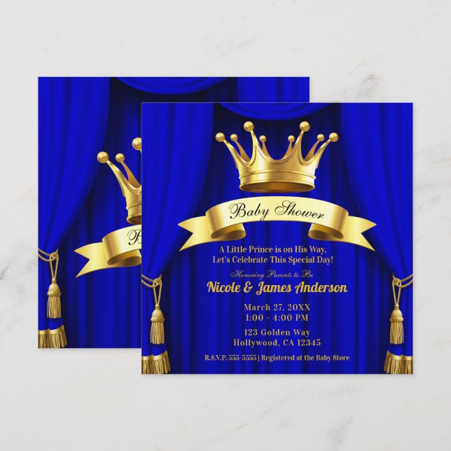 Invitation Royal Blue Gold Royal Crown Prince Baby shower (Devant / Derrière)