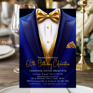Invitation Royal Blue Gold Smoking Anniversaire Tout Âge 