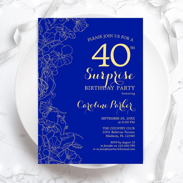 Invitation Royal Blue Gold Surprise 40e fête d'anniversaire (Créateur téléchargé)