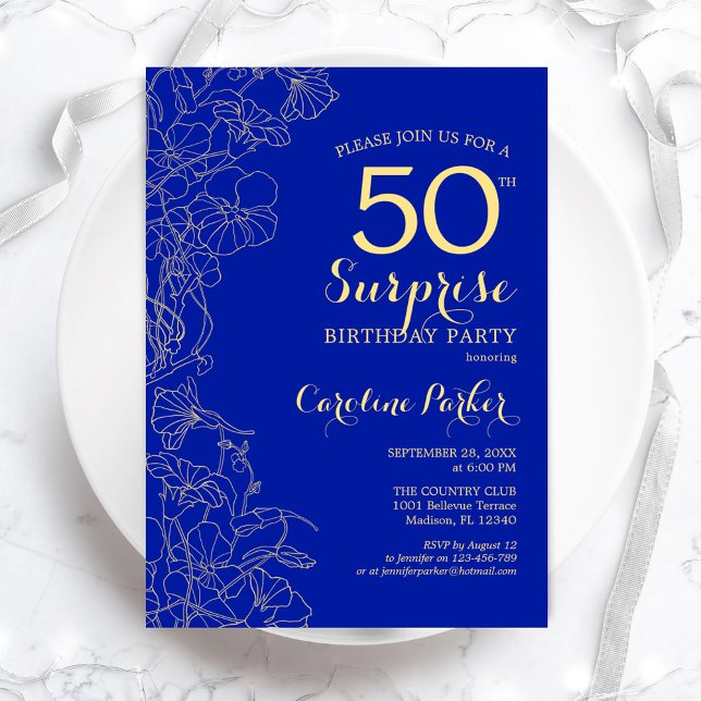 Invitation Royal Blue Gold Surprise 50e fête d'anniversaire (Créateur téléchargé)