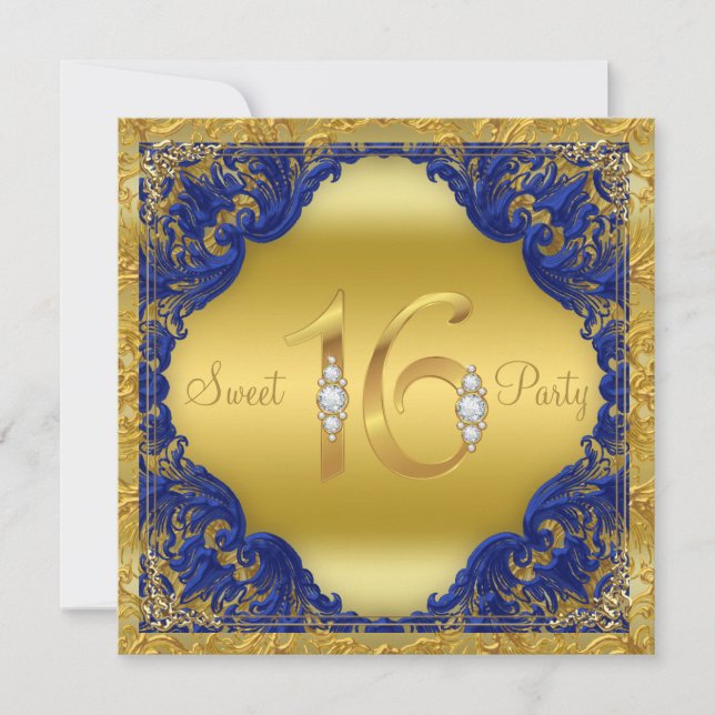 Invitation Royal Blue Gold Swirl Sweet 16 Party (Devant)