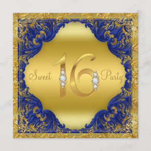 Invitation Royal Blue Gold Swirl Sweet 16 Party
