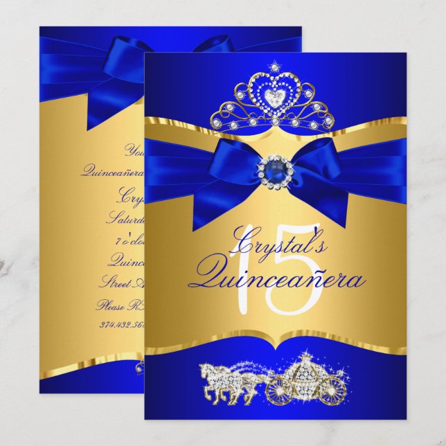 Invitation Royal Blue Gold Tiara Pearl Bow Quinceanera (Devant / Derrière)