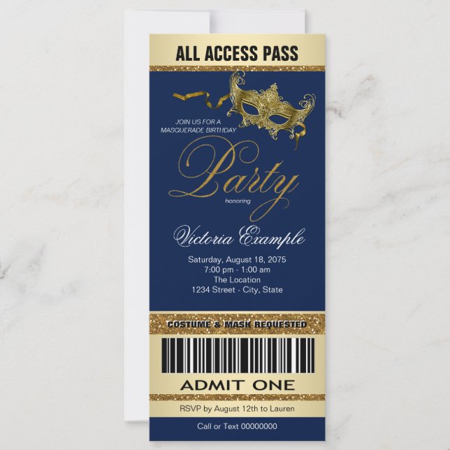 Invitation Royal Blue Gold Ticket Style Masquerade Party (Devant)